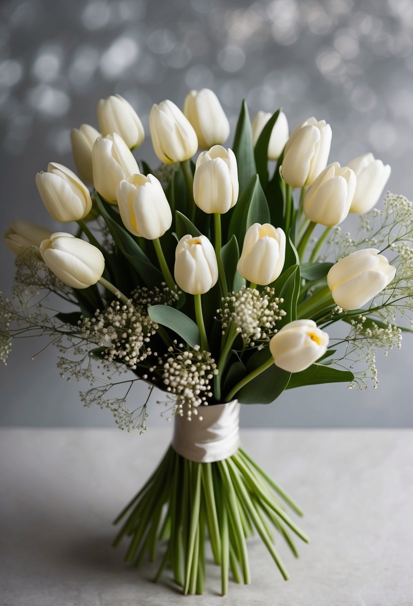 A delicate bouquet of cream tulips and baby's breath arranged in neutral tones