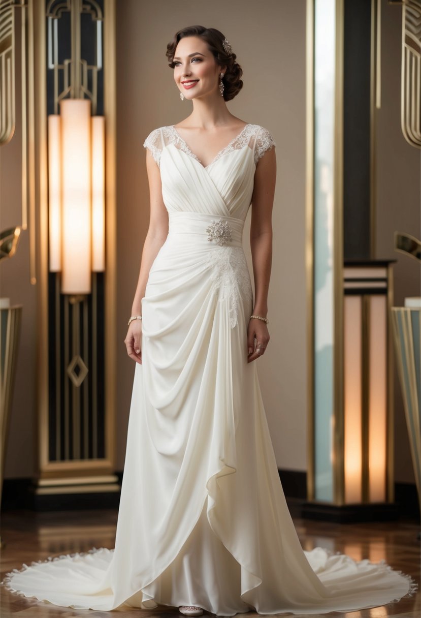 A bride in a 1930s style wedding dress, with a dropped waist, lace details, and a flowing skirt, standing in a vintage-inspired setting with art deco elements