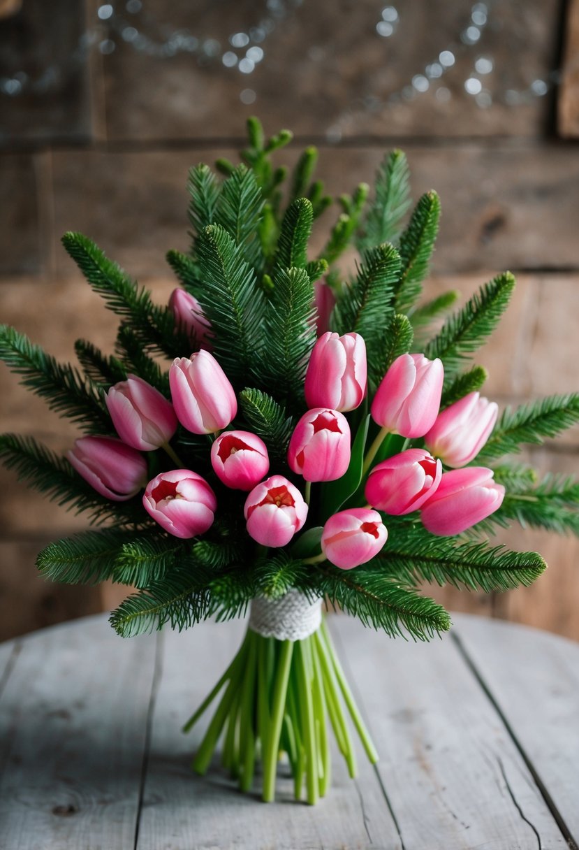 A bouquet of pink tulips and spruce tips arranged in a rustic, winter-themed wedding setting