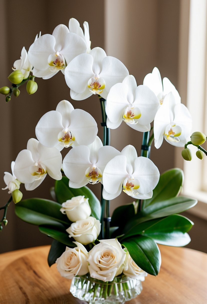 A bouquet of white orchids and roses arranged in a classic and elegant style