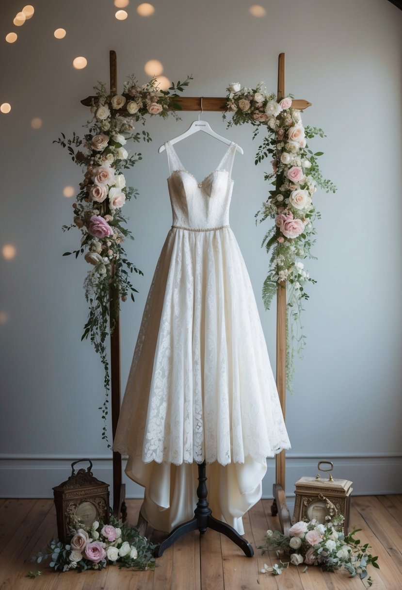 A lace ballgown hangs on a vintage dress form, surrounded by antique accessories and delicate floral arrangements