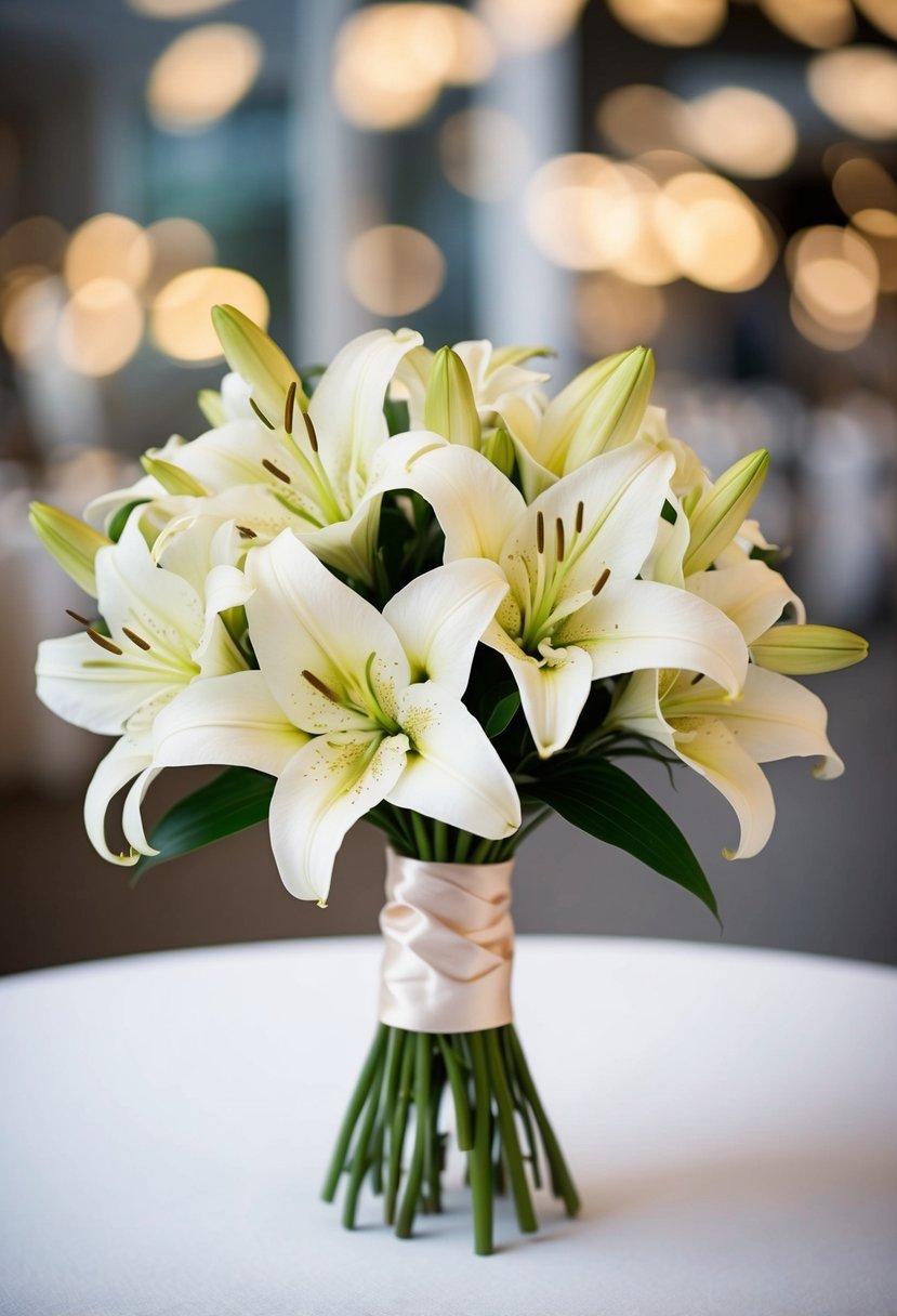 A delicate wedding bouquet of soft beige and white lilies, tied with a satin ribbon