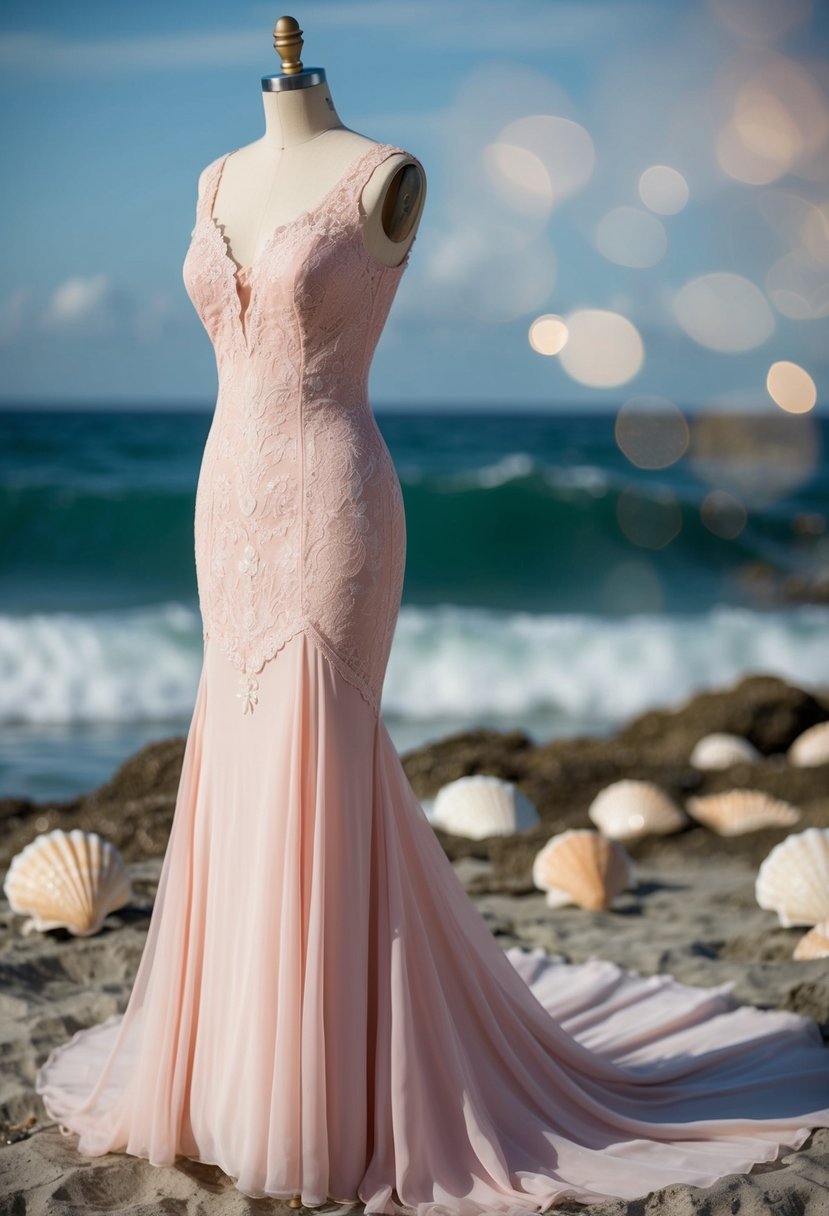 A vintage 1930s-style mermaid wedding dress in blush pink, with delicate lace and flowing fabric, set against a backdrop of ocean waves and seashells