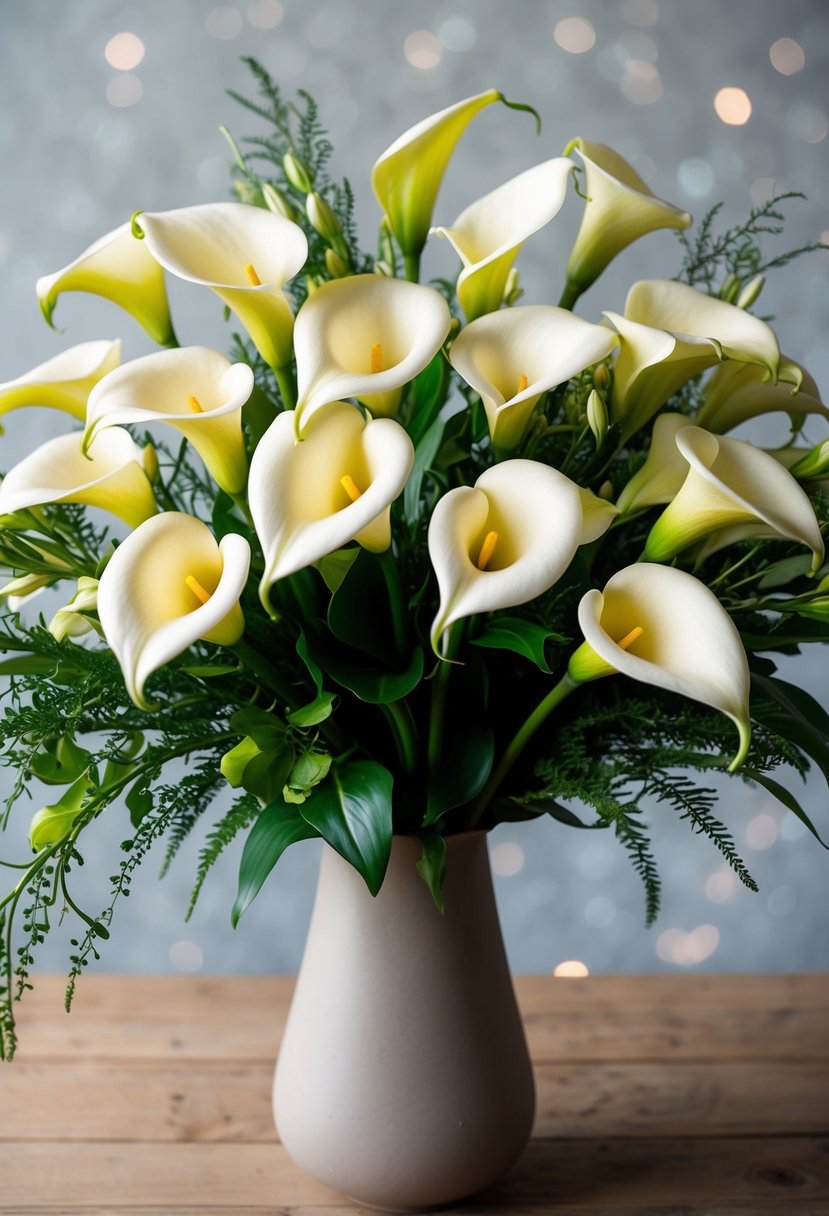 A lush bouquet of ivory calla lilies and greenery, arranged in a neutral-toned vase