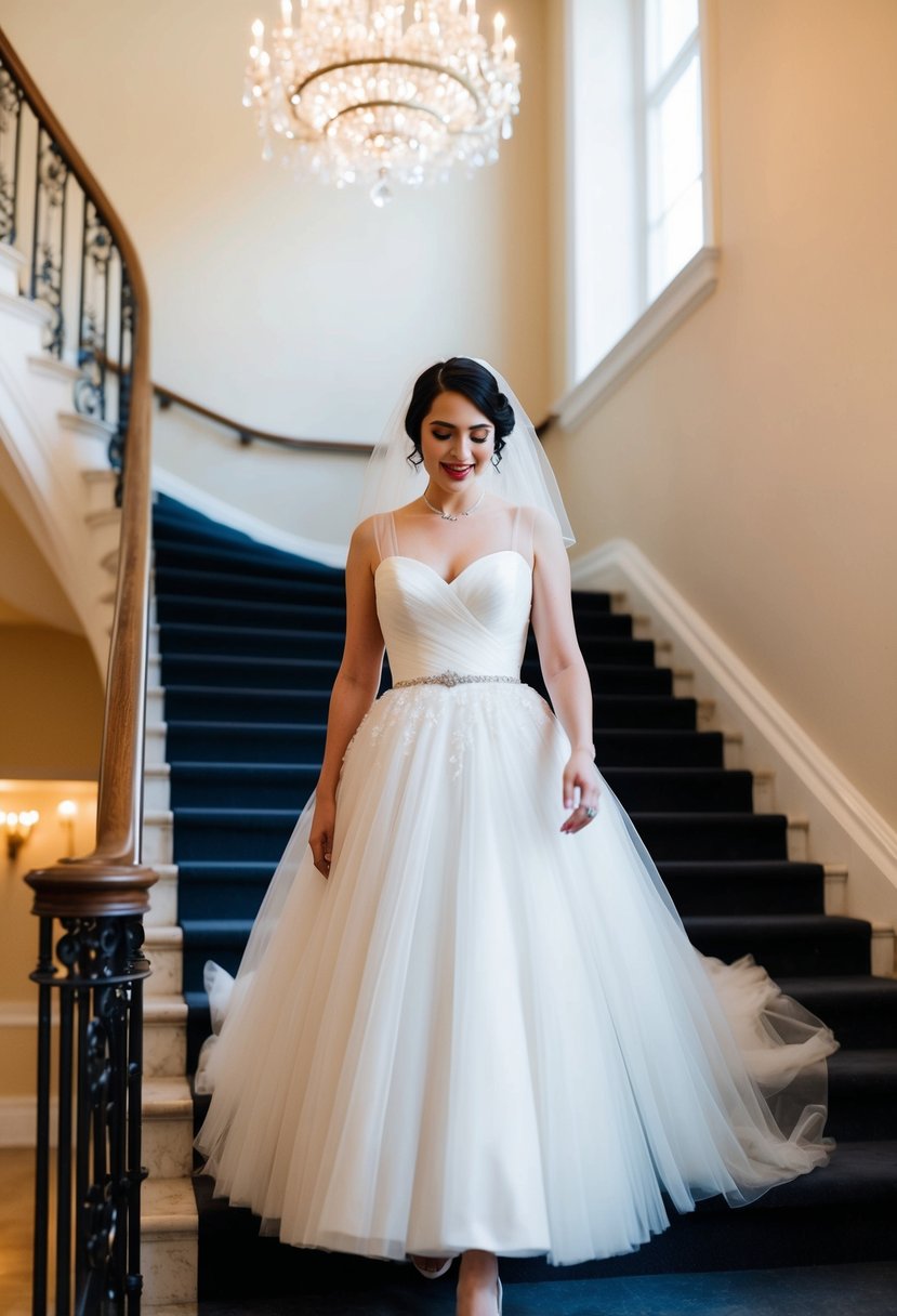 A bride walks down a grand staircase in a 1930s-style tulle gown with a sweetheart neckline, the fabric billowing around her as she descends