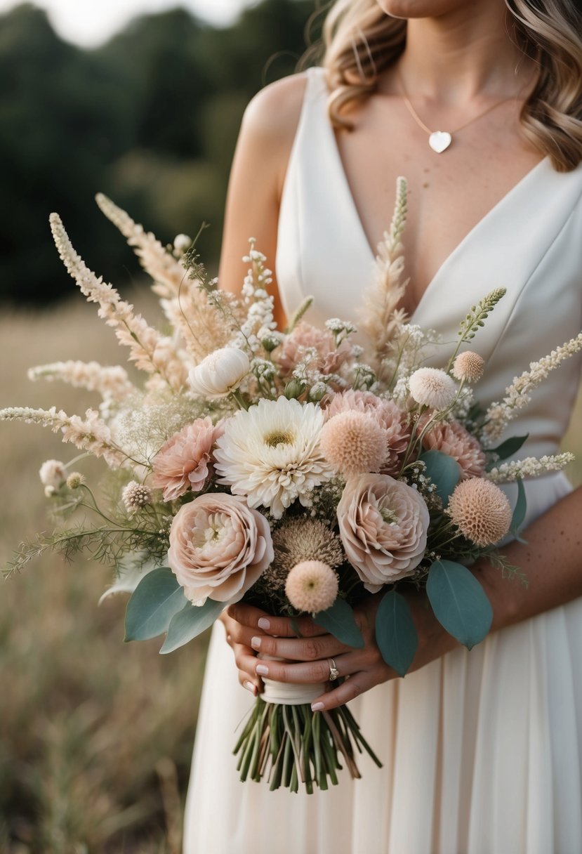 A rustic wedding bouquet of beige and blush wildflowers in a neutral colour palette