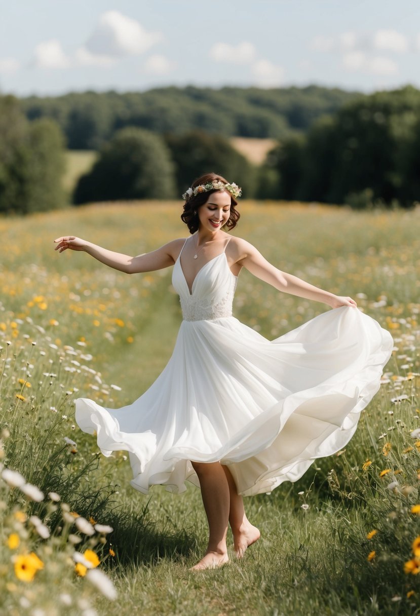 A bride in a flowing A-line 30s style wedding dress dances barefoot in a field of wildflowers, with a crown of flowers in her hair