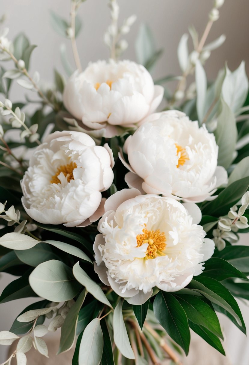 A bouquet of ivory peonies surrounded by soft, neutral-colored foliage