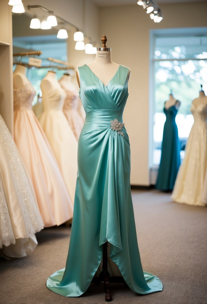 A vintage 1930s-style satin drop-waist gown displayed on a mannequin in a softly lit bridal boutique