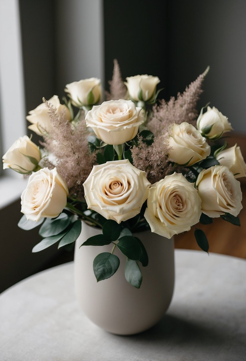 A bouquet of champagne roses and dusty miller arranged in a neutral-colored vase