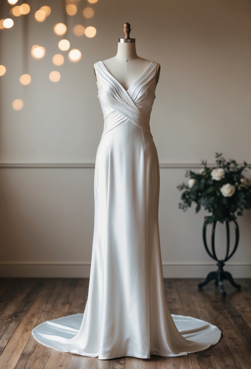 A simple, sleek silk sheath wedding dress with 1930s-inspired design details