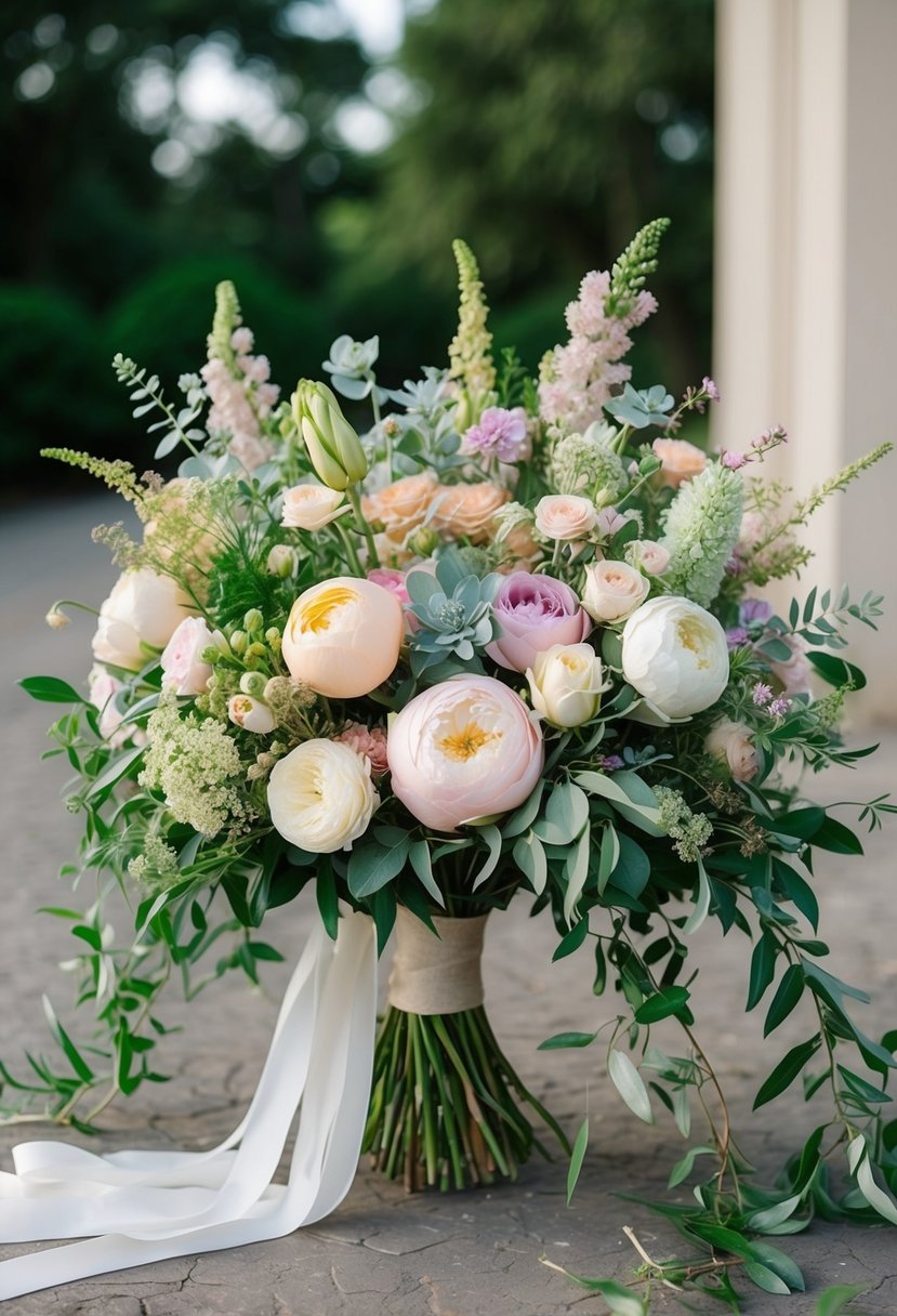 A lush bouquet of assorted flowers in soft pastel colors arranged in a loose, natural style, with trailing greenery and delicate ribbon accents