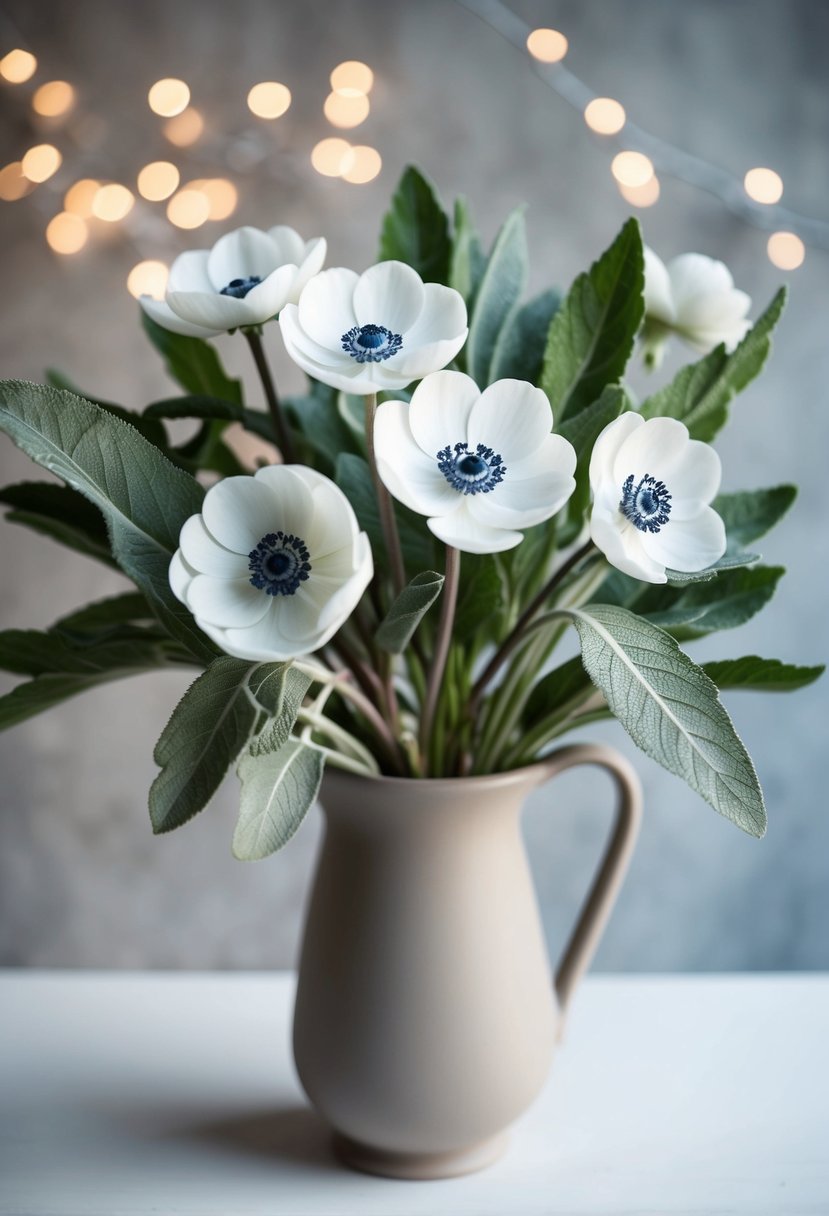 A delicate bouquet of white anemones and sage leaves arranged in a neutral-colored vase