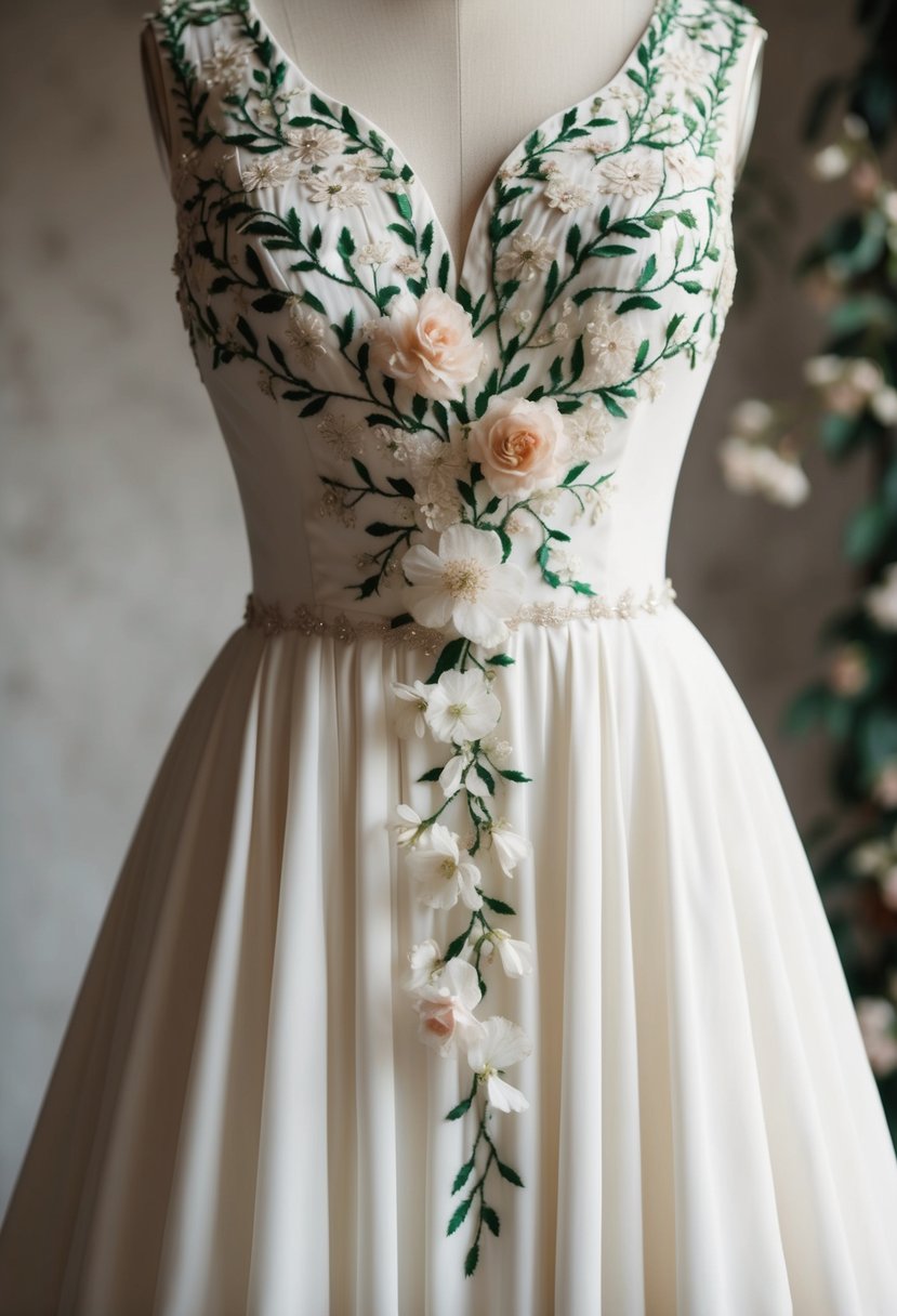 A 30s style wedding dress with a floral embroidered bodice, featuring delicate vines and blossoms cascading down the front of the gown