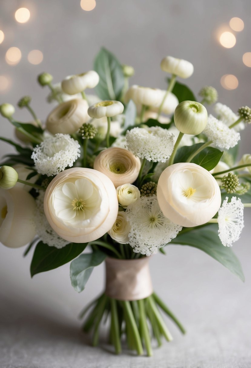 A delicate bouquet of beige ranunculus and Queen Anne's lace, arranged in a neutral-toned palette