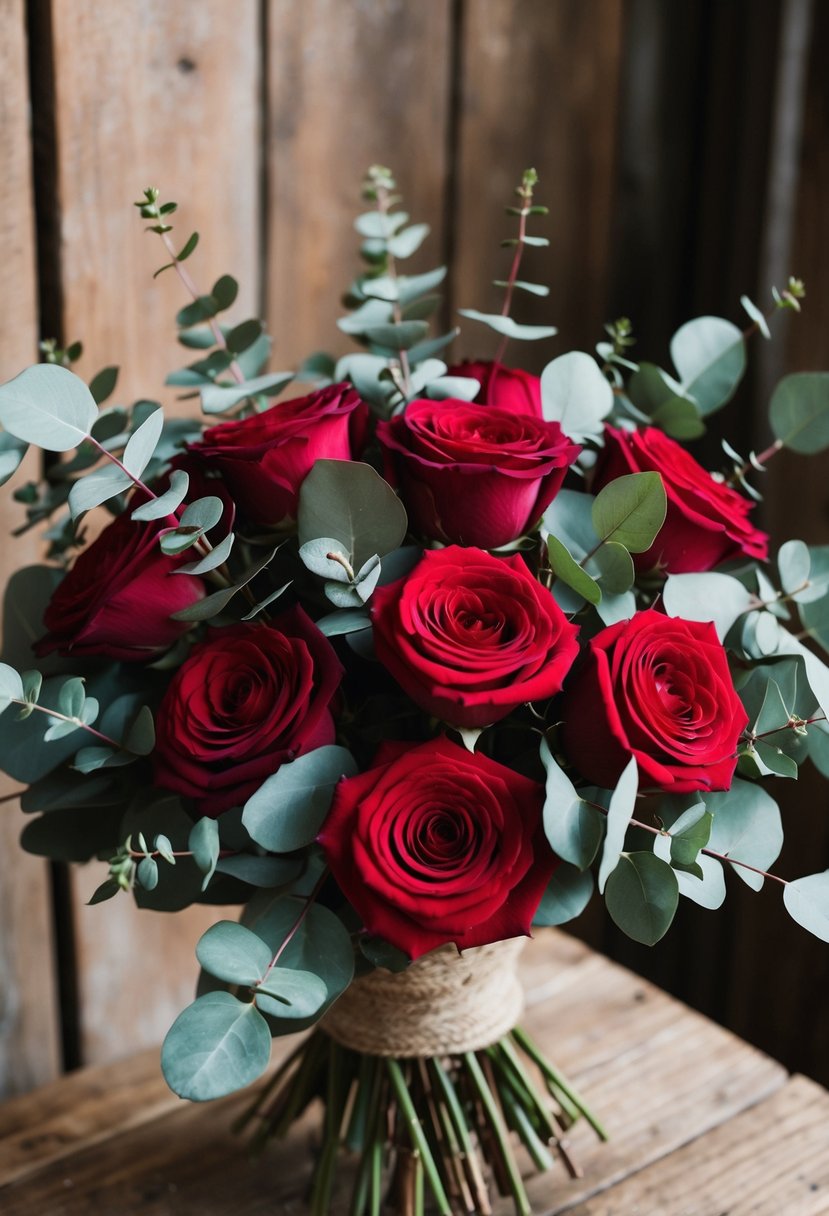 A lush bouquet of red roses and eucalyptus leaves arranged in a charming, rustic style