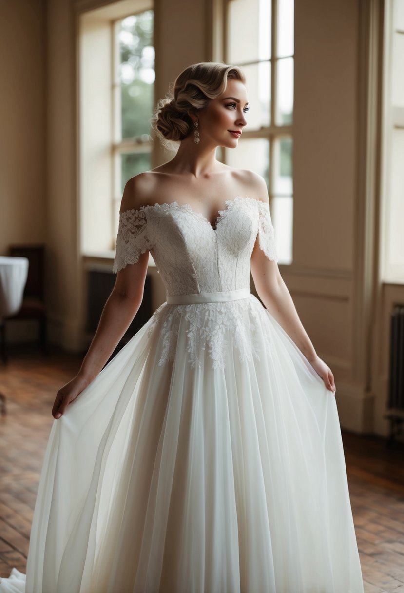 A bride in a 1930s style off-the-shoulder wedding dress, with a flowing skirt and delicate lace details, standing in a vintage-inspired setting