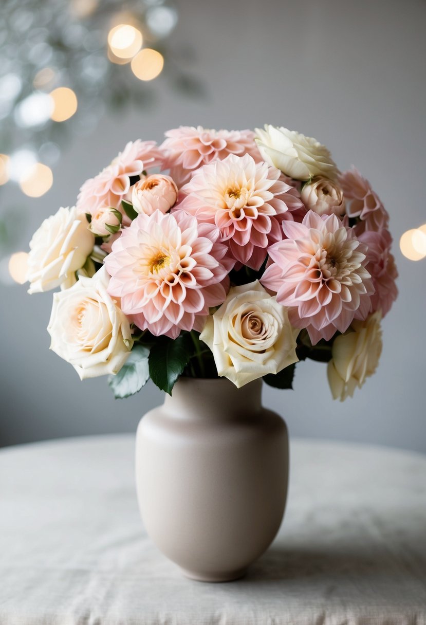 A bouquet of blush dahlias and cream roses arranged in a neutral-colored vase