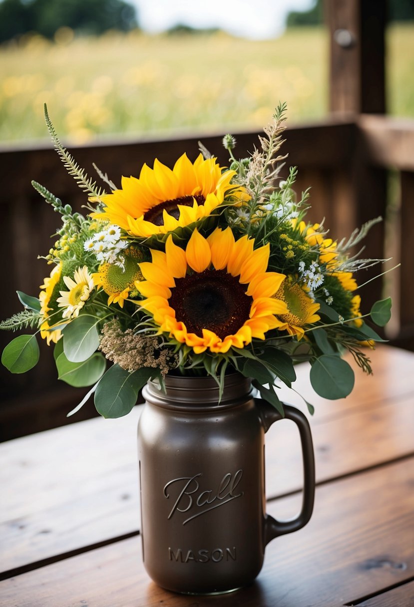 A rustic sunflower wedding bouquet with wildflowers and greenery, arranged in a mason jar vase on a wooden table