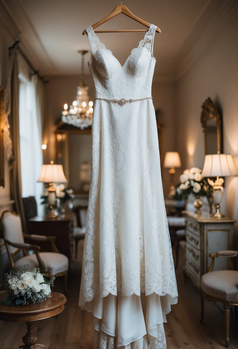 A vintage lace wedding dress hangs on a mannequin, surrounded by antique furniture and soft lighting