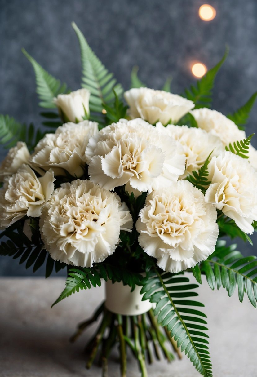 A bouquet of ivory carnations and ferns in neutral tones