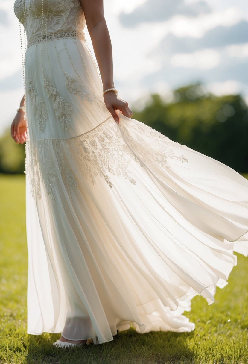 An ethereal chiffon skirt flows gently in the breeze, adorned with delicate lace and shimmering beads, evoking a 1930s vintage wedding dress