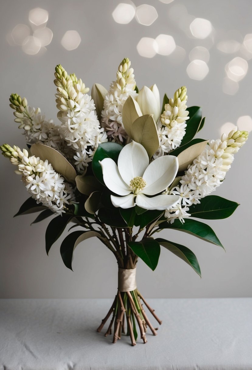 A bouquet of white lilacs and magnolia leaves arranged in a neutral color palette