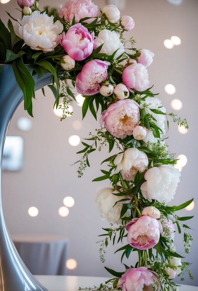 A lush cascade of peonies in shades of pink and white, accented with delicate greenery, spills gracefully from a slender, flowing vase