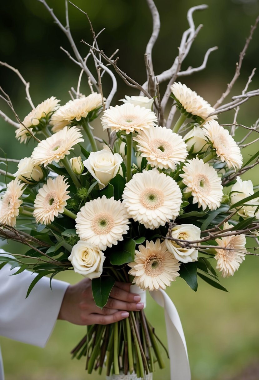 A bouquet of cream Gerberas intertwined with twisted willow branches, in neutral tones, arranged in an elegant wedding bouquet