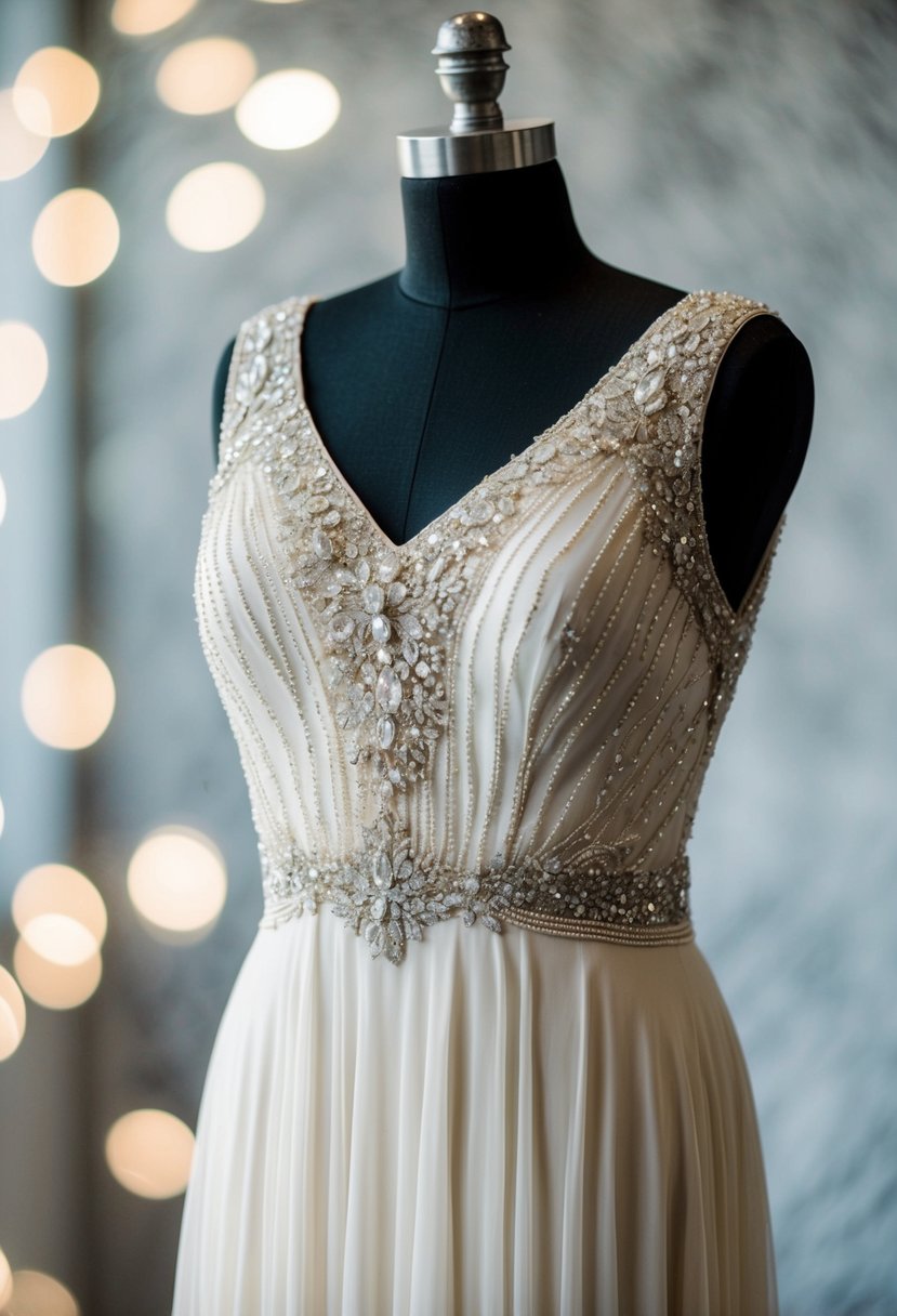 A 1930s-style wedding dress with a glamorous beaded bodice, cascading with shimmering beads and sequins, paired with a flowing, elegant skirt