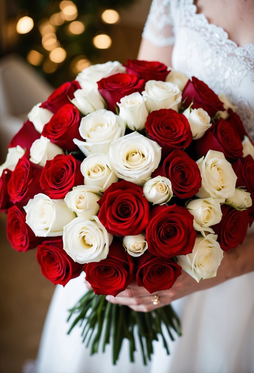 A bouquet of red and white roses arranged in a classic, elegant fashion