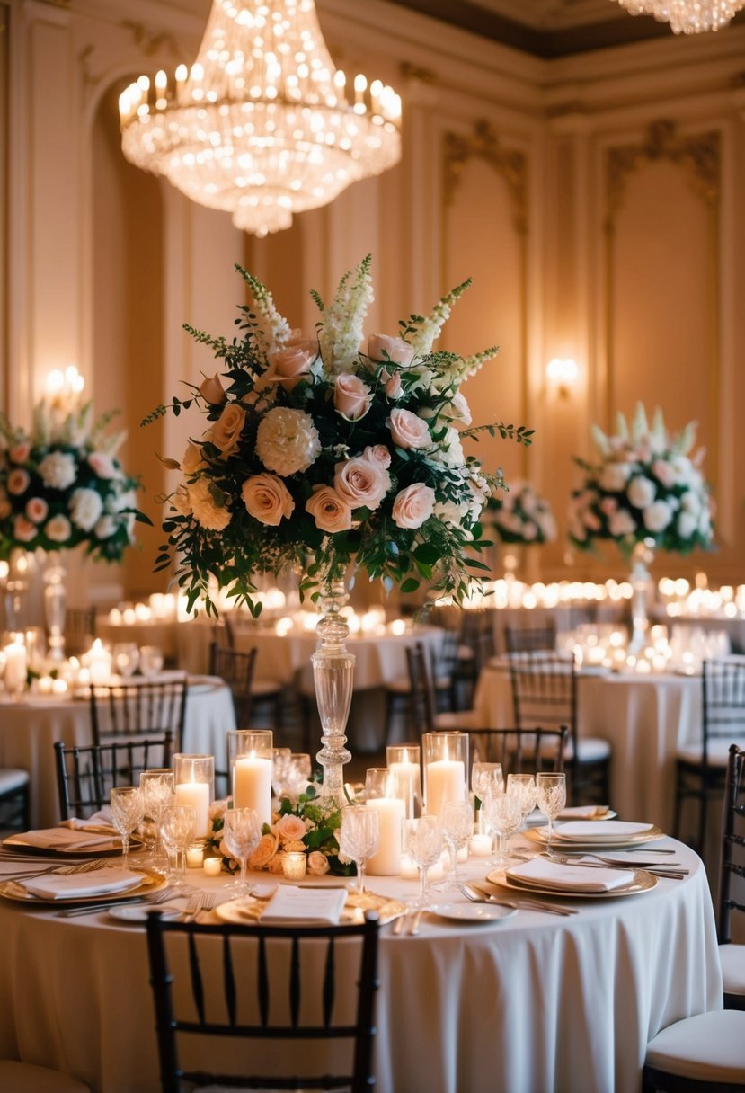 A candlelit 1930s-style ballroom with soft, dreamy lighting and elaborate floral arrangements