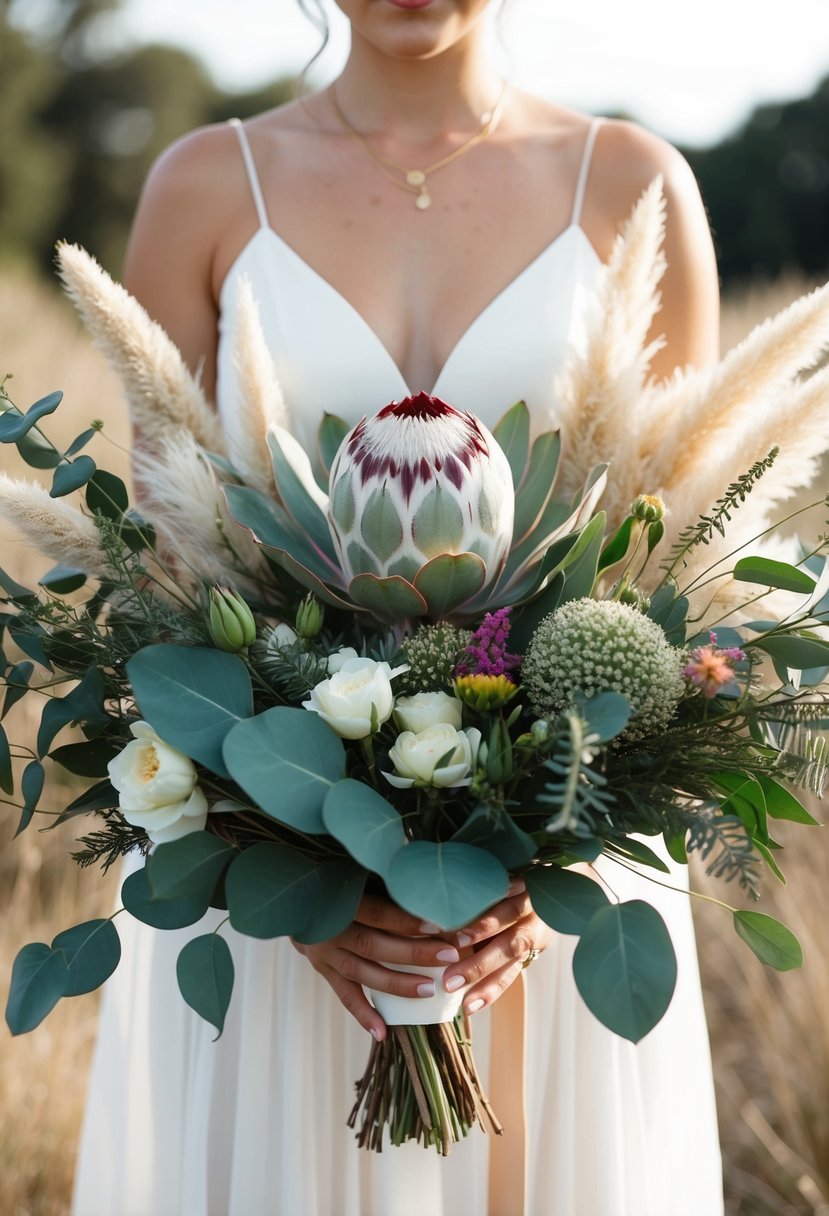 A bohemian chic wedding bouquet featuring a single protea flower surrounded by eucalyptus, pampas grass, and other wild blooms