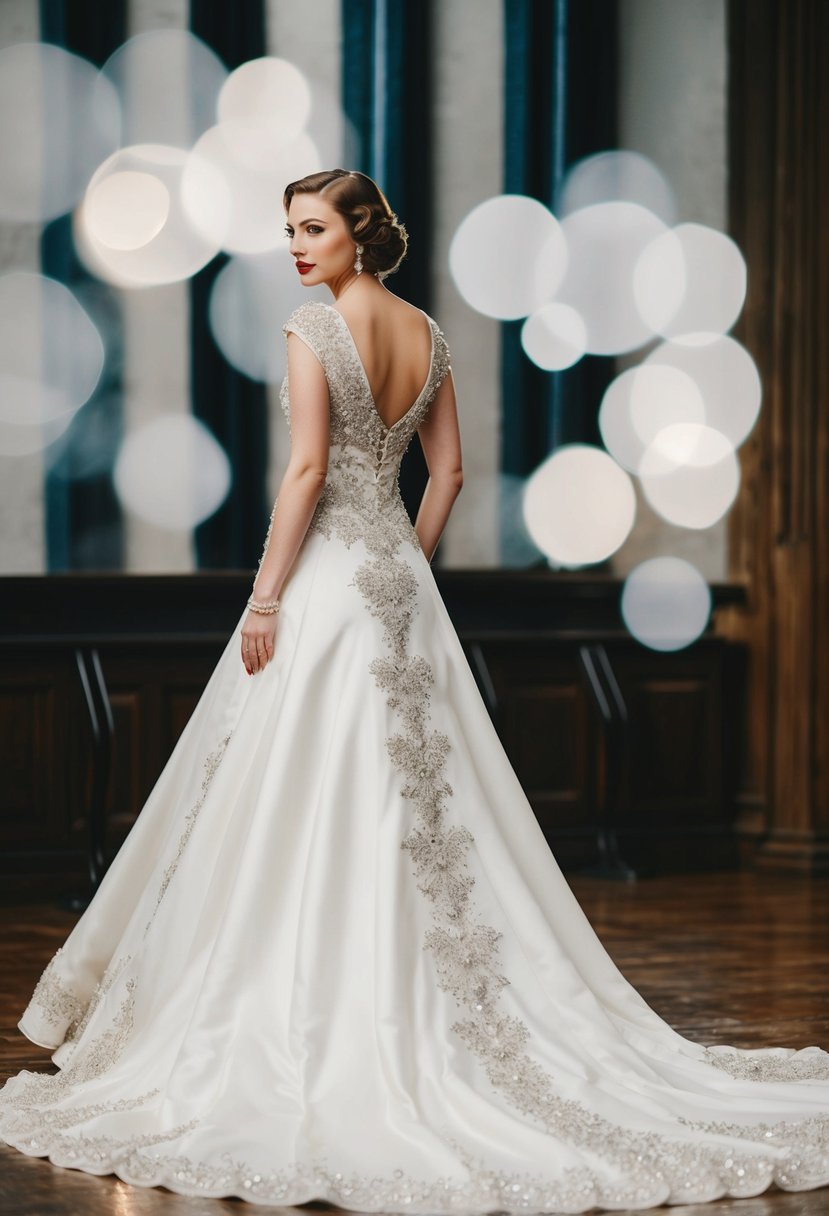 A vintage-inspired 1930s wedding dress with a bold, embellished train flowing elegantly behind the bride