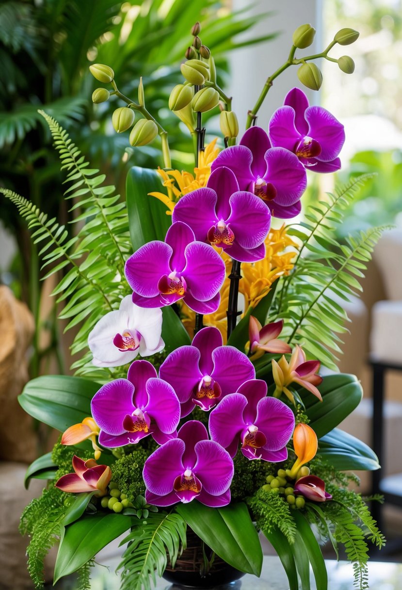 A vibrant bouquet of tropical orchids, including dendrobium, cattleya, and vanda, arranged in a cascading style with lush greenery and delicate ferns