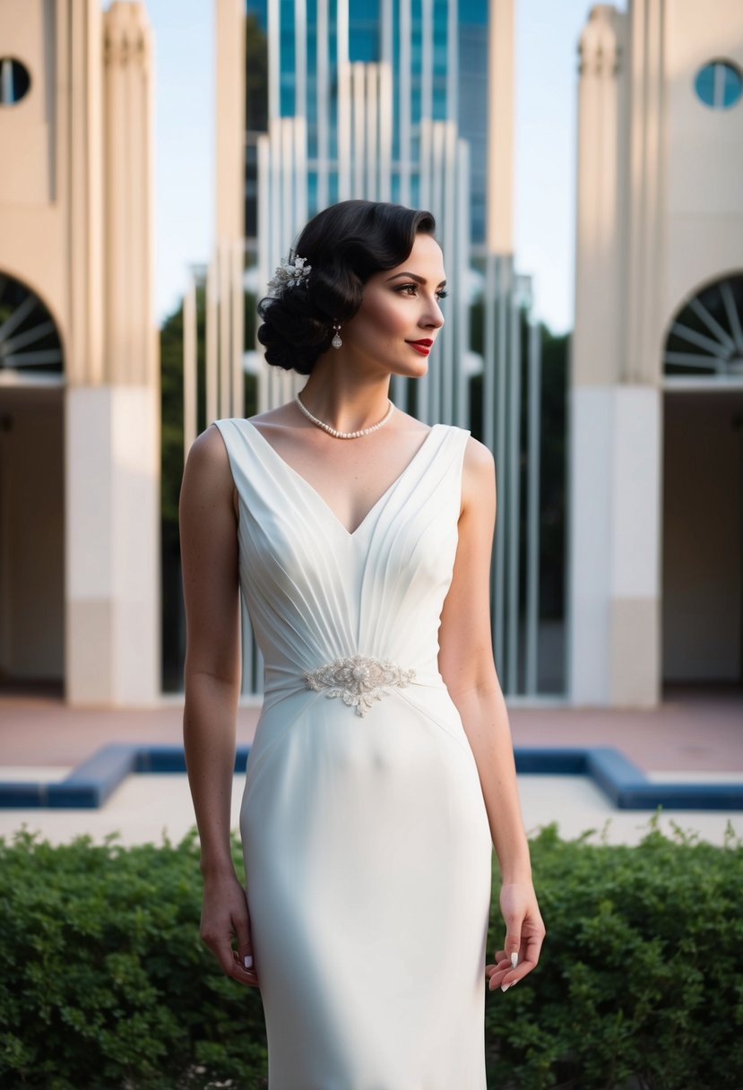 A bride in a 1930s-style wedding dress, with a modern crepe silhouette, stands against a backdrop of art deco architecture