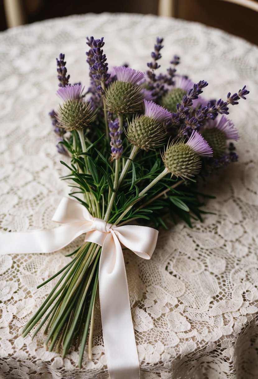 A delicate bouquet of lavender and thistle, tied with a satin ribbon, rests on a vintage lace tablecloth