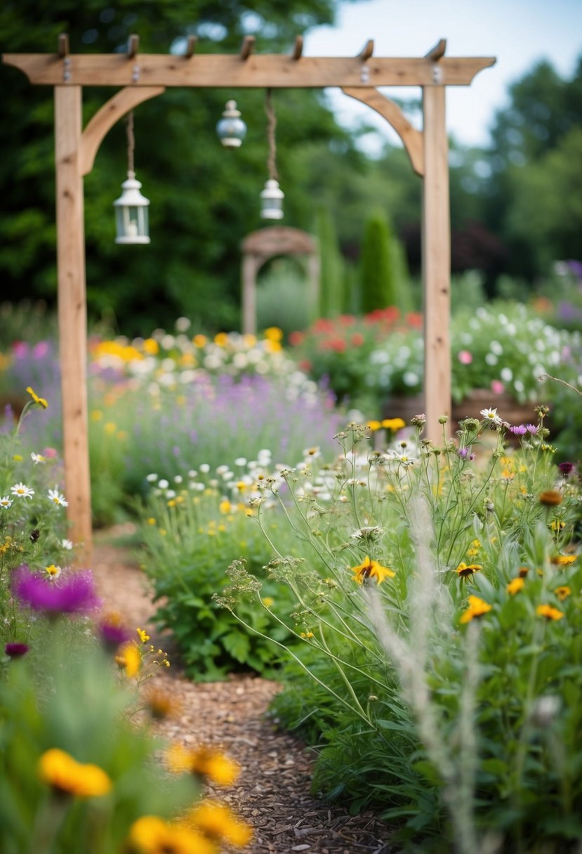 A rustic garden with wildflowers, a wooden arbor, and vintage lanterns