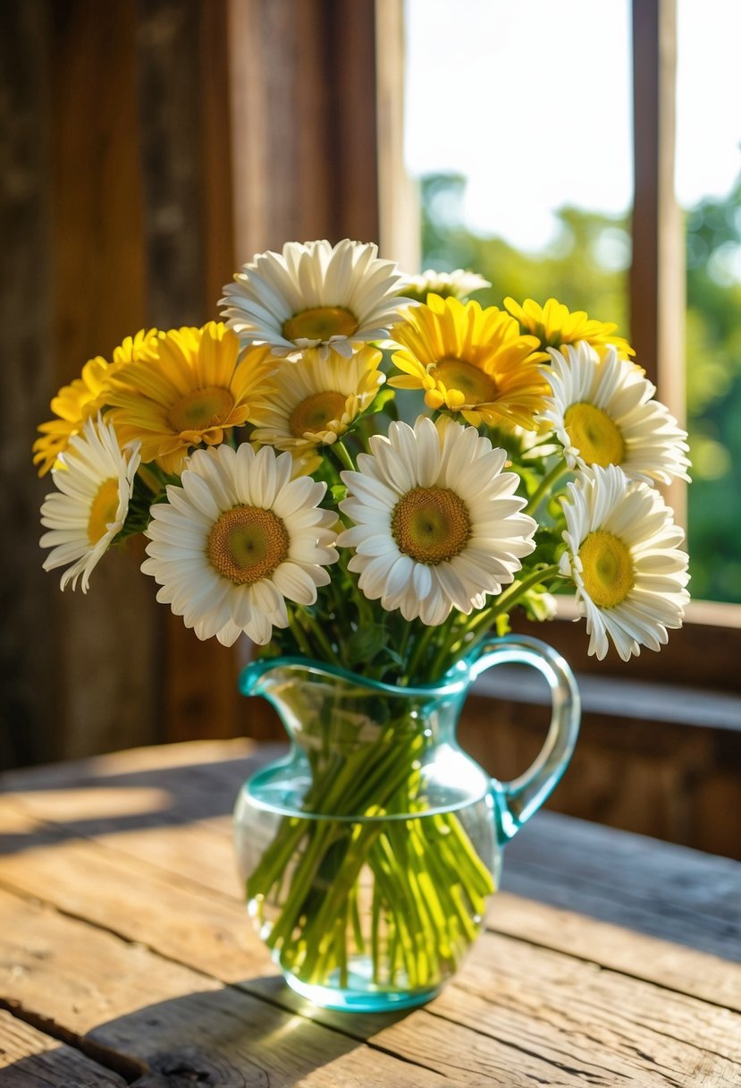 A vibrant bouquet of cheerful daisies in a glass vase on a rustic wooden table. Sunlight streams in, casting a warm glow on the delicate petals