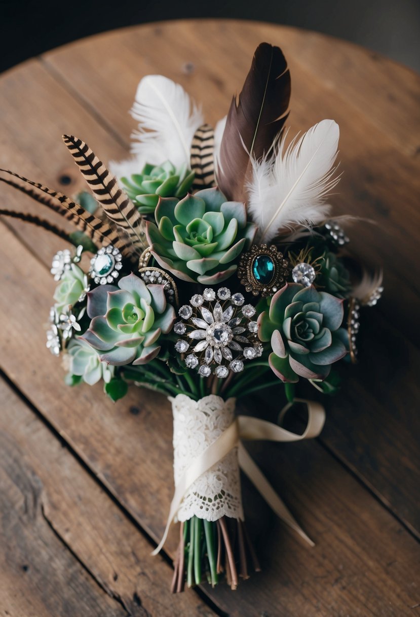 A bouquet made of vintage brooches, feathers, and succulents, tied with lace and ribbon, sits on a rustic wooden table