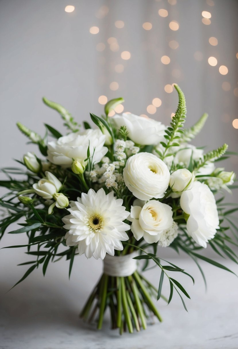 A delicate bouquet of white flowers with hints of subtle greenery accents