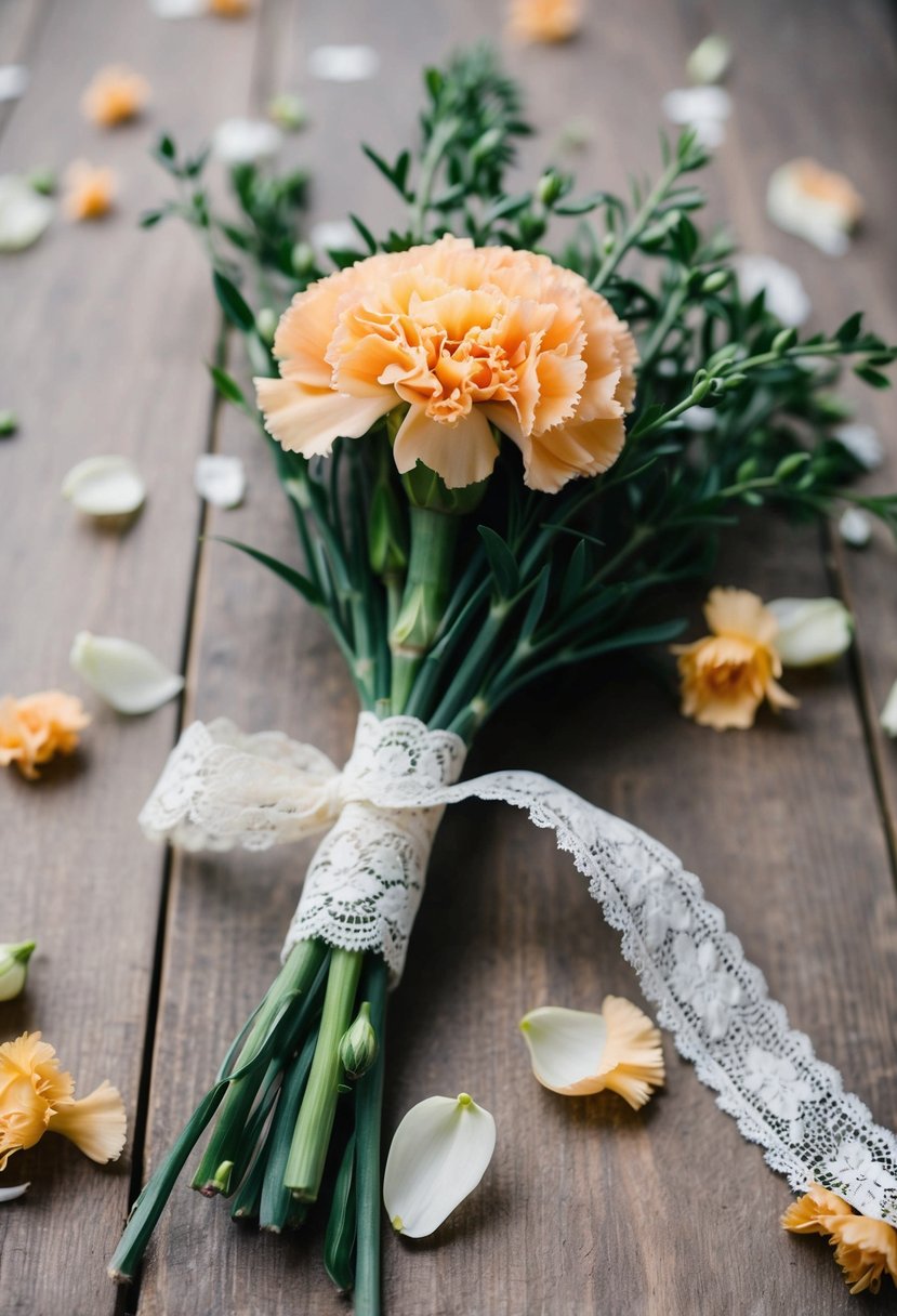 A vintage carnation twist bouquet with one flower, tied with lace ribbon, surrounded by scattered petals and greenery