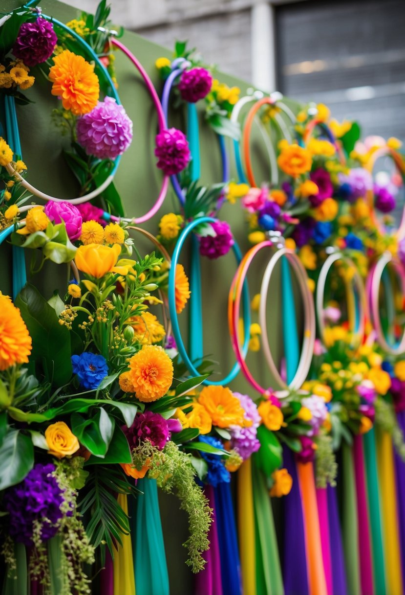 A colorful array of hoops adorned with vibrant flowers and greenery, arranged in an artistic and unconventional display