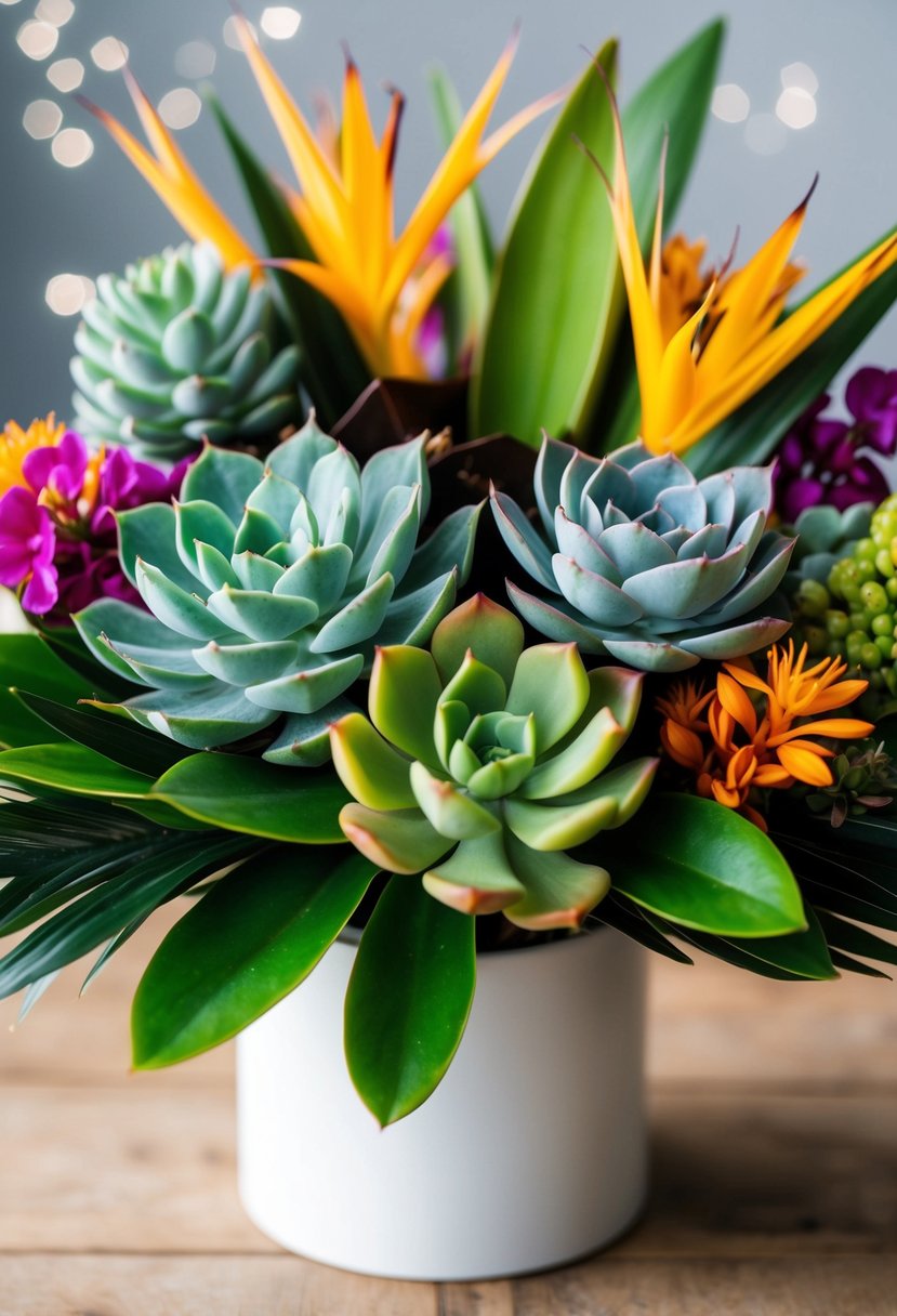 A vibrant bouquet of succulents and tropical flowers arranged in a modern, asymmetrical design