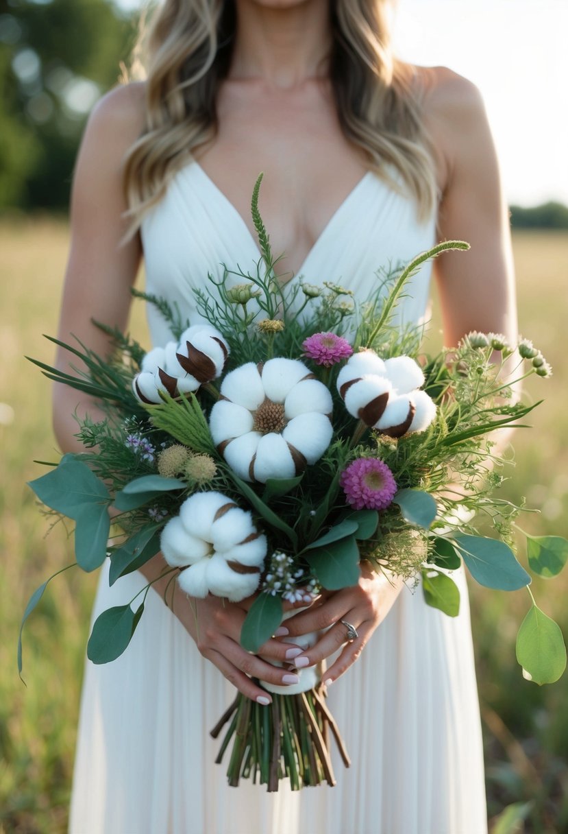 A rustic, bohemian wedding bouquet featuring cotton stems arranged with greenery and wildflowers in a loose, organic style