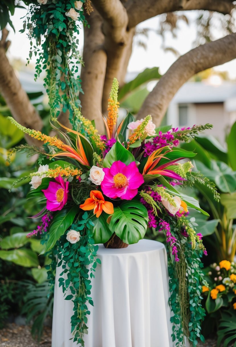 A vibrant silk flower arrangement with exotic blooms and cascading greenery, designed for a unique and unconventional wedding bouquet