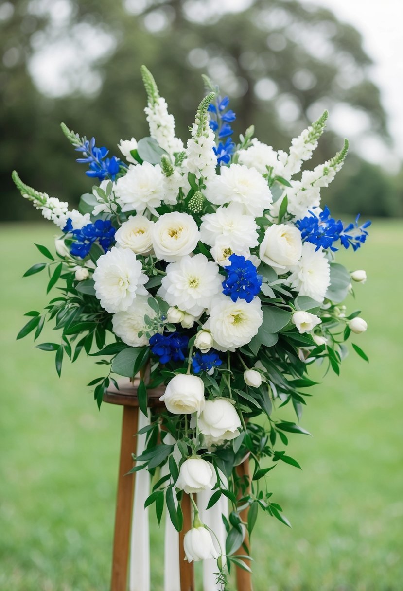 A delicate bouquet of white blooms with blue accents, arranged in a cascading style with green foliage