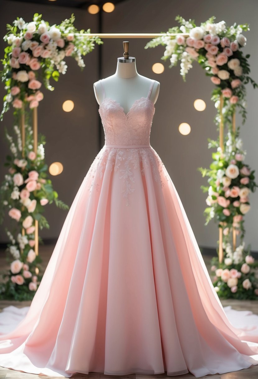 A pink wedding dress displayed on a mannequin, surrounded by floral arrangements and soft lighting