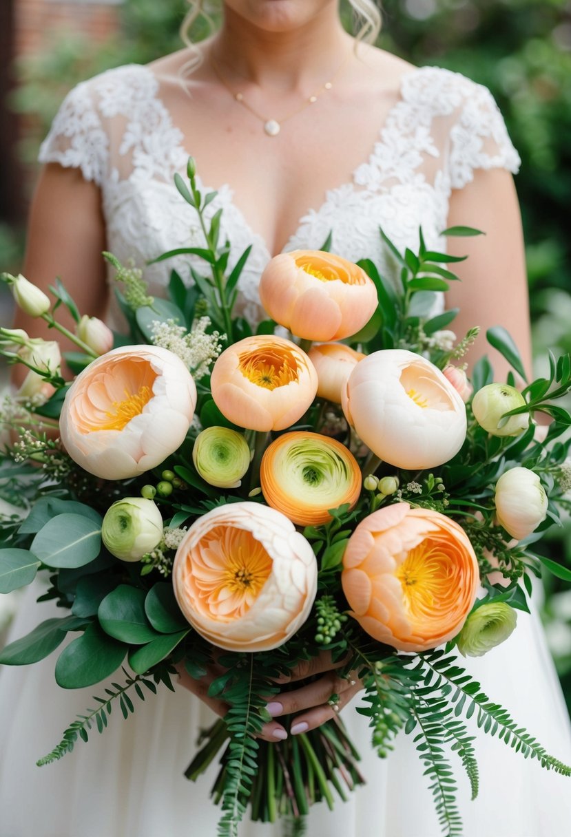 A lush bouquet of peachy ranunculus and harmonious greenery, perfect for a wedding celebration