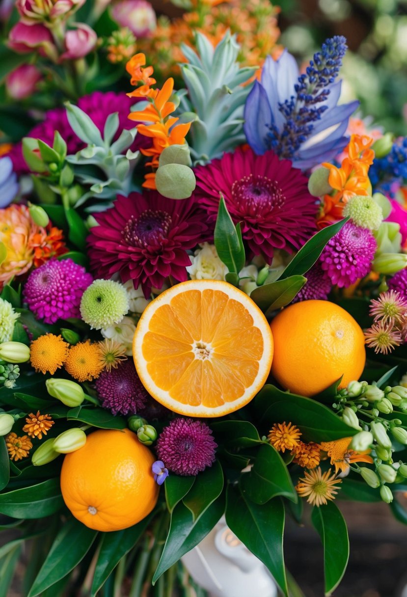 A vibrant wedding bouquet featuring citrus fruit accents, nestled among a variety of unique and colorful blooms